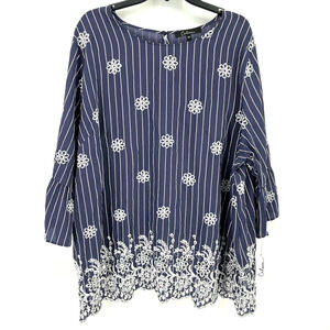 New Calessa Blue Stripe Embroidered Floral Tunic Top Shirt Womens Size Large